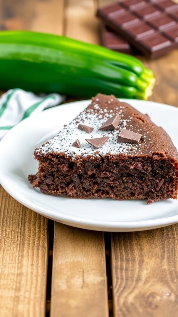 Simple 3-Ingredient Chocolate Zucchini Cake A slice of chocolate zucchini cake on a plate, garnished with powdered sugar and chocolate shavings, with a zucchini and chocolate bar in the background.